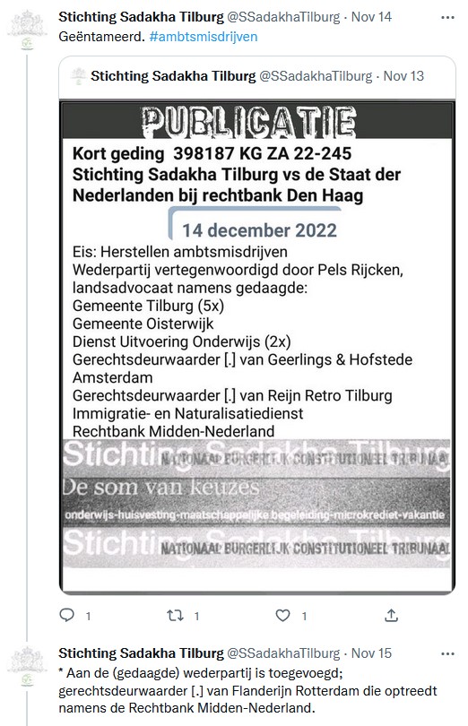 Archief: Stichting Sadakha verspreidt onjuiste informatie over rechtszaak tegen Gemeente Oisterwijk en Nederlandse Staat